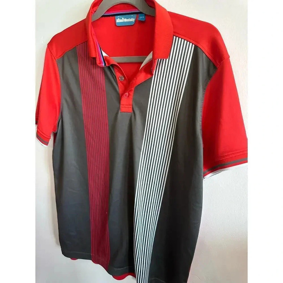 Bunker Mentality Red & Gray Short Sleeve Button Up Striped Polo Shirt Size Small - Picture 2 of 4